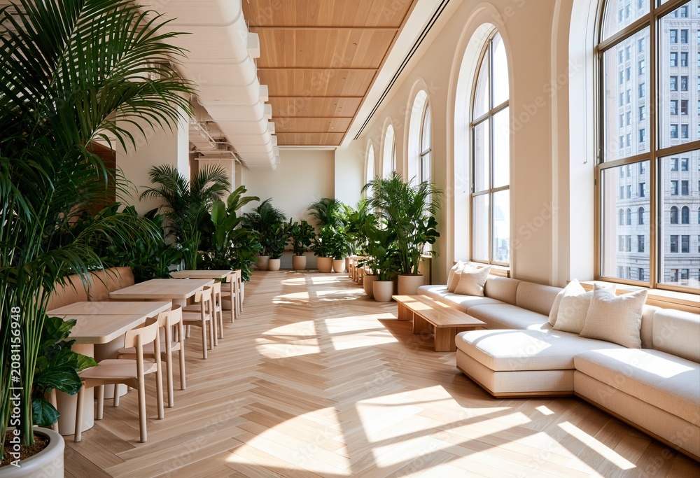 Fototapeta premium Interior of a modern cafe lounge with minimalist furniture and white sofa seating