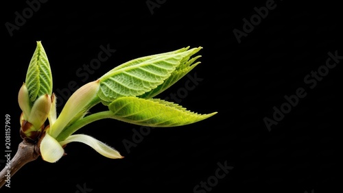 New Green Leaves Emerging from Branch on Black Background, Spring Growth