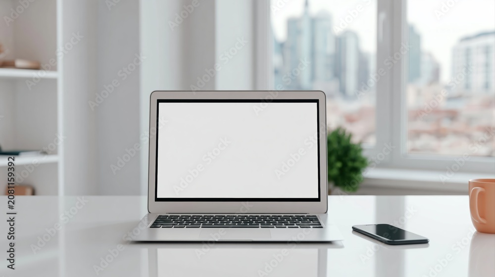 Fototapeta premium Laptop with blank screen on a white computer desk in a bright minimalist workspace