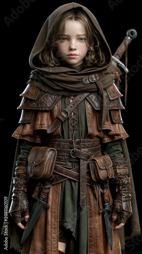 Europe medieval lifestyle. A detailed portrait of a young girl, dressed in a medievalstyle outfit. She wears a brown leather cloak with a hood, a green tunic with a laceup front.