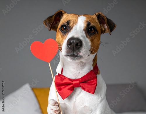 Close-up of a charming dog with a red bow tie, holding a heart-shaped prop, on a bed