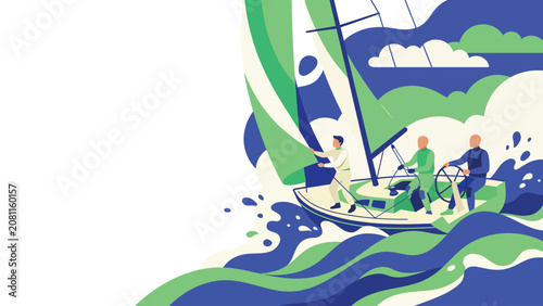 Fotografie Stylized vector illustration of people sailing a spinnaker yacht on blue green waves
