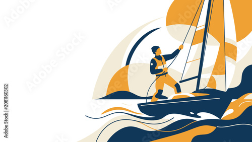 Cuadro en lienzo Stylized illustration of a windsurfer riding dynamic ocean waves in vibrant colors