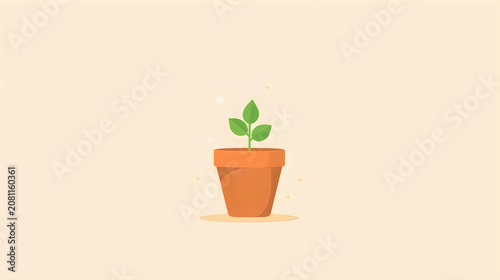 Close-up of a small green plant sprouting in a terracotta pot on a neutral background