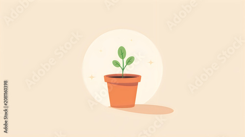 Close-up of a small green plant sprouting in a terracotta pot on a neutral background