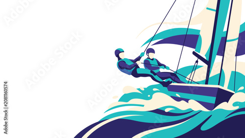 Bild auf Leinwand Two sailors racing a sailboat through turbulent blue ocean waves.