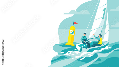 Fotografie Two sailors racing a small sailboat past a yellow buoy on stylized ocean waves