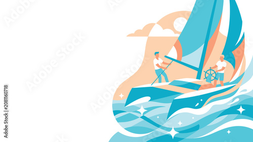 Canvastavla Bright minimalist illustration of a sailboat with people enjoying summer waves