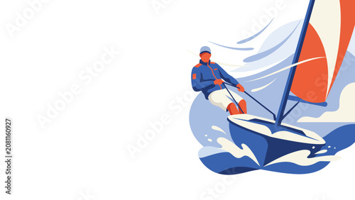 Obraz na plátne Stylized illustration of a sailor navigating a sailboat on windy ocean waves