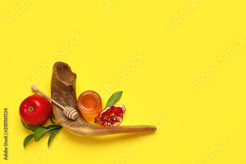 Photography Jar of sweet honey with ripe apple, pomegranate, plant leaves and shofar on yellow background