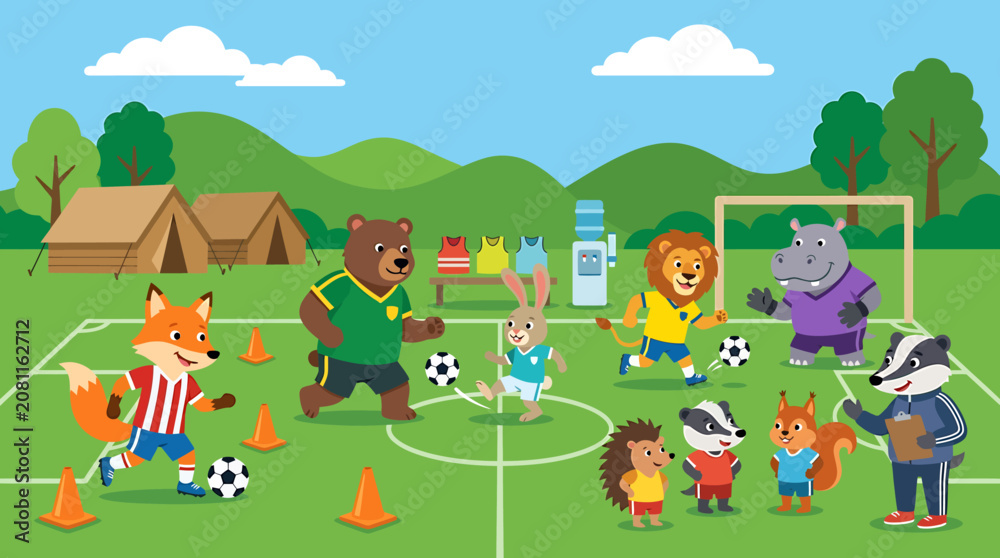 Fototapeta premium Cute cartoon animals playing soccer match on a green field in summer camp.