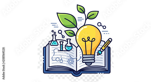 Educational science concept illustration with open book lightbulb and plants