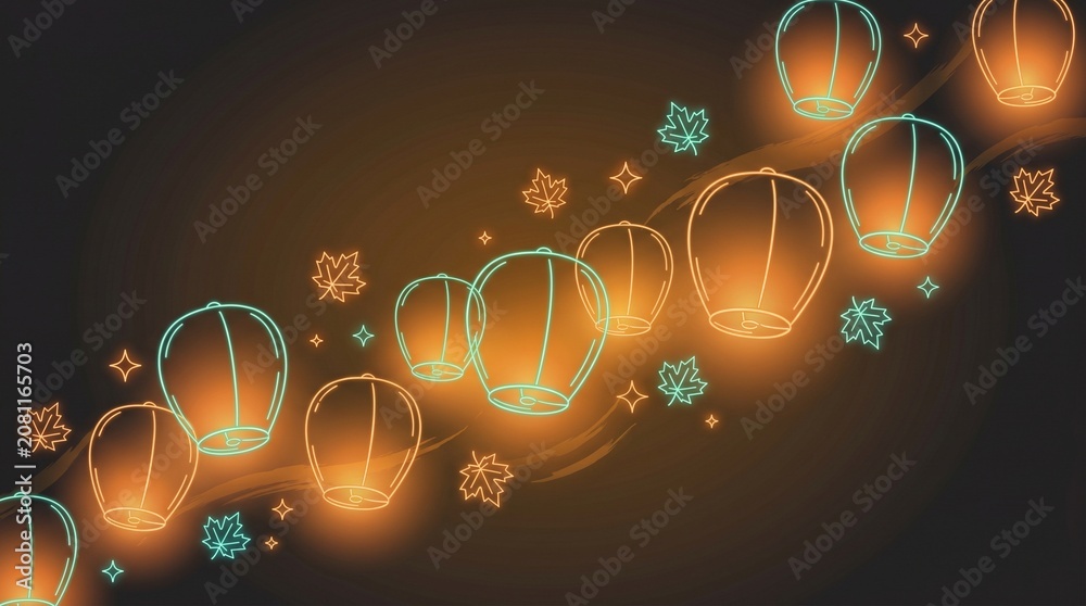 Fototapeta premium Glowing lanterns, festive lights, orange and green decorations, holiday background