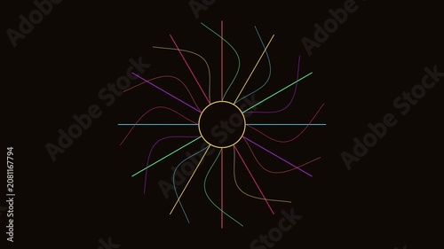 Minimalist abstract motion with rotating colorful radial lines on animation 4k black background rotation