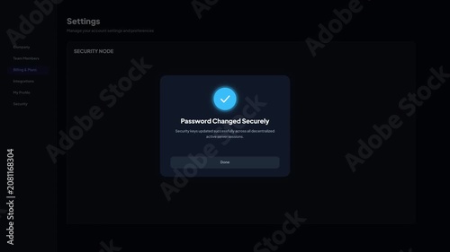 Decentralized Security Node Password Changed Securely Confirmation Popup Dark UI Animation