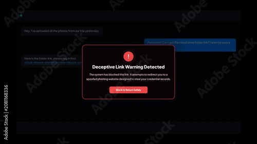 Phishing Scam Deceptive Link Warning Block Notification Pop Up on Dark UI Design Animation