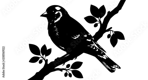 Tableau sur toile Semi-realistic vector illustration of small songbird on branch with detailed plu