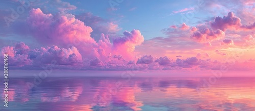 Pastel clouds reflect in calm water, serene horizon view