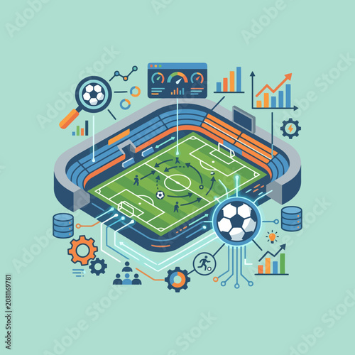 Isometric soccer stadium illustration with sports data analytics