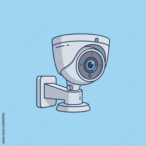 A modern security camera is mounted on a plain blue wall