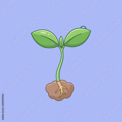 A small green sprout grows from soil with a water droplet
