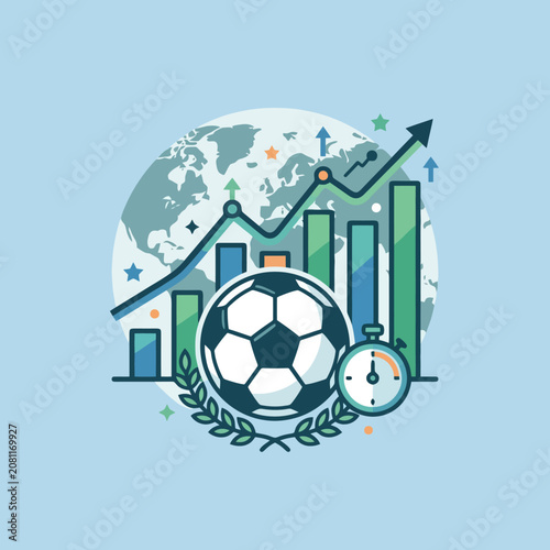 Global sports business data with soccer ball and growth chart