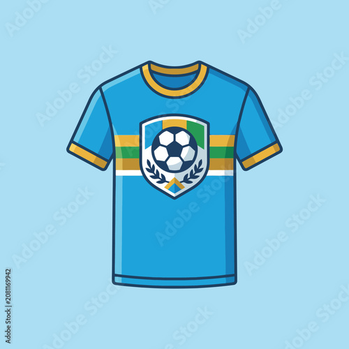 A blue soccer jersey with a central emblem on light background