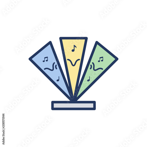 Three colorful musical fan shapes arranged on a flat base