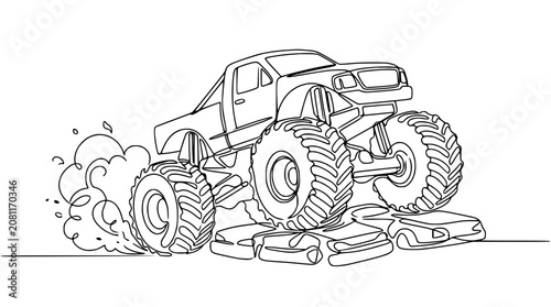 Foto Monster Truck Crushing Cars Line Art Illustration