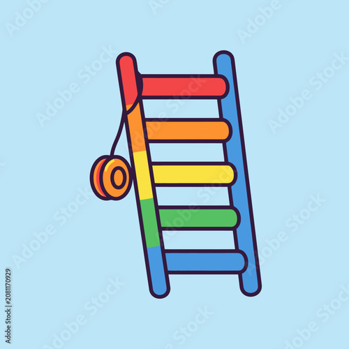 A colorful wooden ladder with a small toy hanging beside it