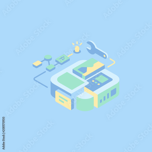 Isometric illustration of a complex technological system and workflow