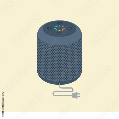 An illustrated smart speaker with colorful lights and a power cord