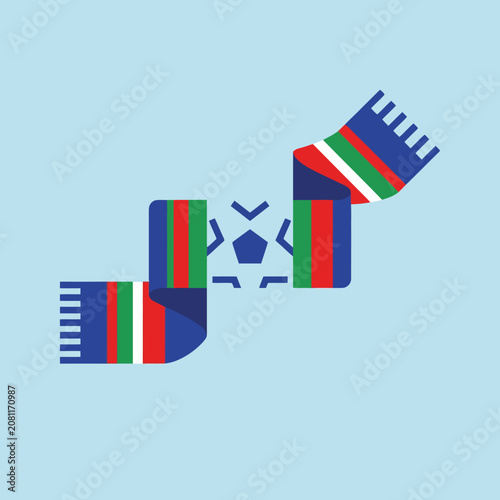 A colorful soccer scarf floats above a stylized ball icon