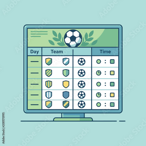 A digital monitor displays a soccer match schedule with team icons