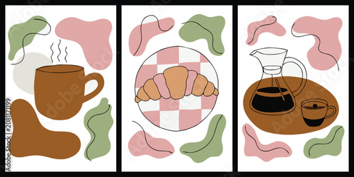 Foto Modern minimalist kitchen wall art poster set with hand drawn coffee mug, croissant on checkered plate and glass coffee maker on organic abstract shapes background