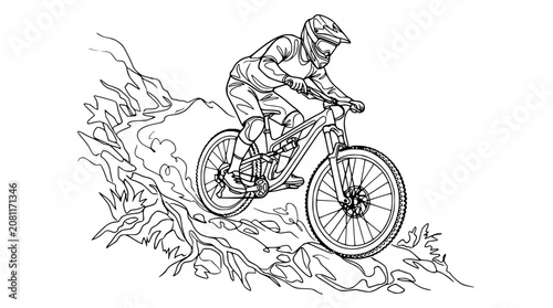 Billede på lærred Mountain biker descending a steep rocky trail, extreme sports, line art illustra