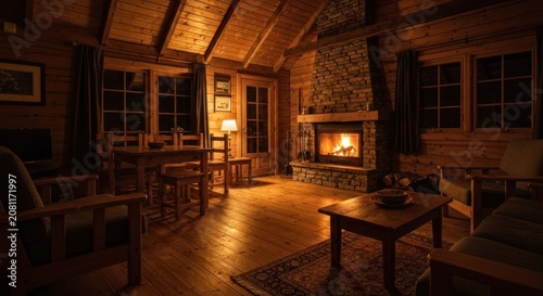 Cozy interior of a wooden cabin with a fireplace, illuminated by warm lighting