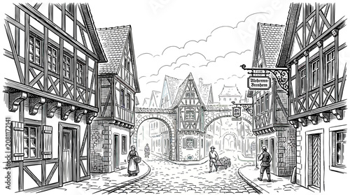 Φωτογραφία Medieval Town Street Scene with Half-Timbered Houses and Archway