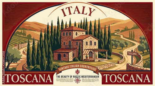 Vintage Tuscany Italian Countryside Villa Landscape with Cypress Trees and Vineyards
