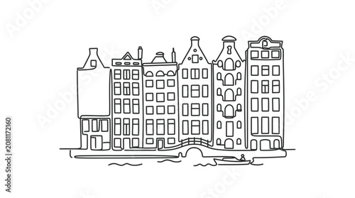 Amsterdam Canal Houses Sketch - Minimalist Line Art Illustration