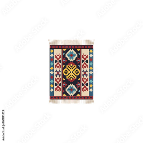 Handwoven Kilim Rug Featuring Traditional Geometric Bohemian Patterns and Symmetrical Tribal Ornate Decorative Textile Motifs