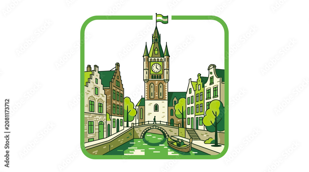 Obraz premium Charming European Canal Town with Clock Tower and Bridge - Green Palette