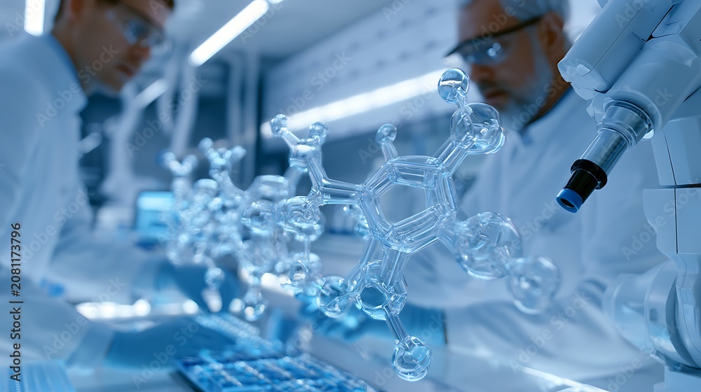 Fototapeta premium Pharmaceutical research laboratory with scientists analyzing transparent molecular structures, futuristic medicine development