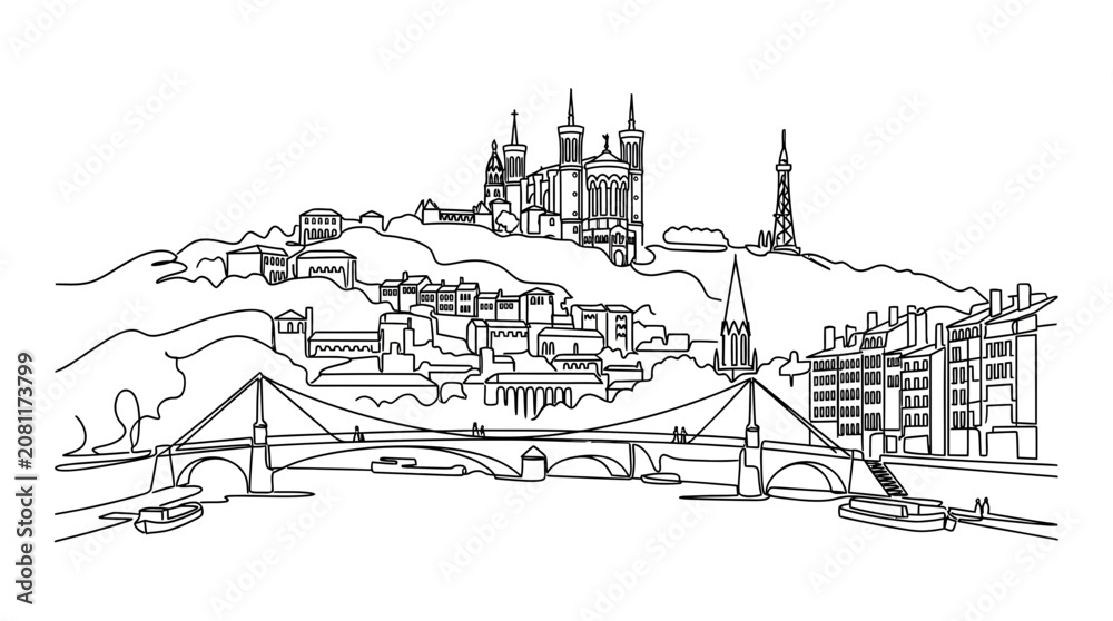 Fototapeta premium Lyon Skyline Sketch: Fourvière Basilica, Bridge, and Saône River