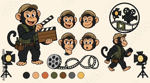 Canvas Print Cartoon Monkey Filmmaker with Movie Equipment and Props.