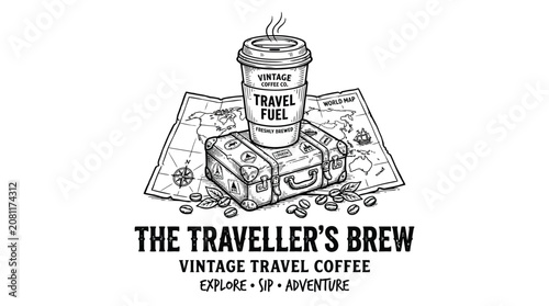 Vintage travel coffee cup and suitcase illustration with map, representing exploration and adventure.