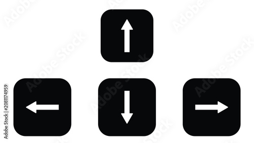 Arrow direction icon. wasd symbol. Key left, right, up, and down signs. Computer button symbols. Direction w, a, s, d icons. Black color. Vector sign. 