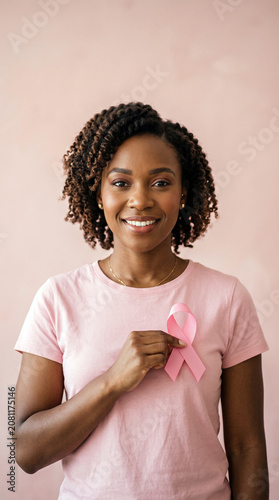 Woman wearing pink shirt and holding pink ribbon for breast cancer awareness Outubro Rosa
