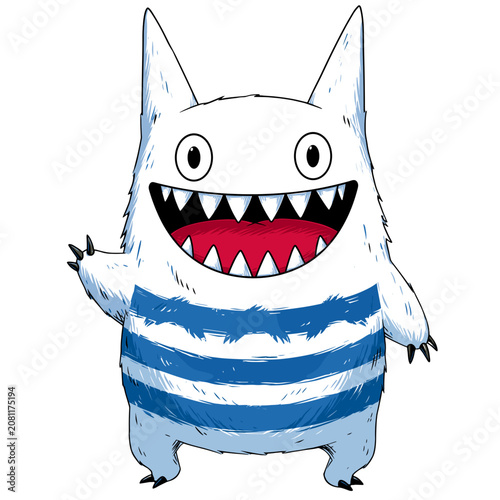 Cute Kawaii Furry Monster with Blue Stripes and Big Smile Hand Drawn Vector Style on a Transparent Background