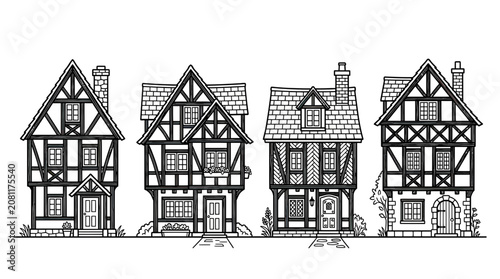 Foto Medieval Half-Timbered Houses Facade Line Art Vector Illustration